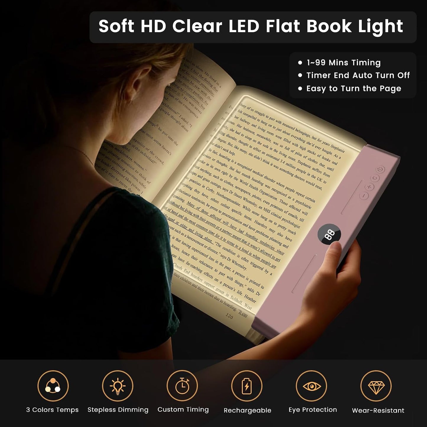 easuntec Book Light, Rechargeable Reading Light with Eye Protection - 3 Color Temps Timer Dimmable, Book Lights for Reading at Night, Flat Book Lights Gifts for Book Lovers Students Readers (Black)
