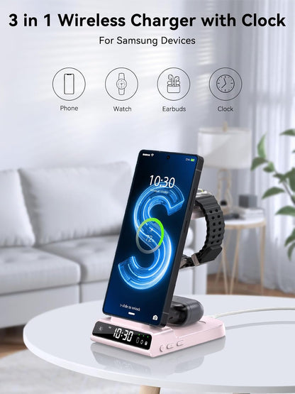 Wireless Charger for Samsung S25 with Clock 3 in 1 Android Charging Station