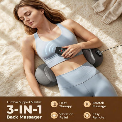 2026 Upgraded 3-in-1 Lumbar Support Pillow with Remote Control, Triple Fusion Back Massager with Heat, Vibration & Stretching, Portable Electric Lumbar Pillow for Home, Office, Travel & Car