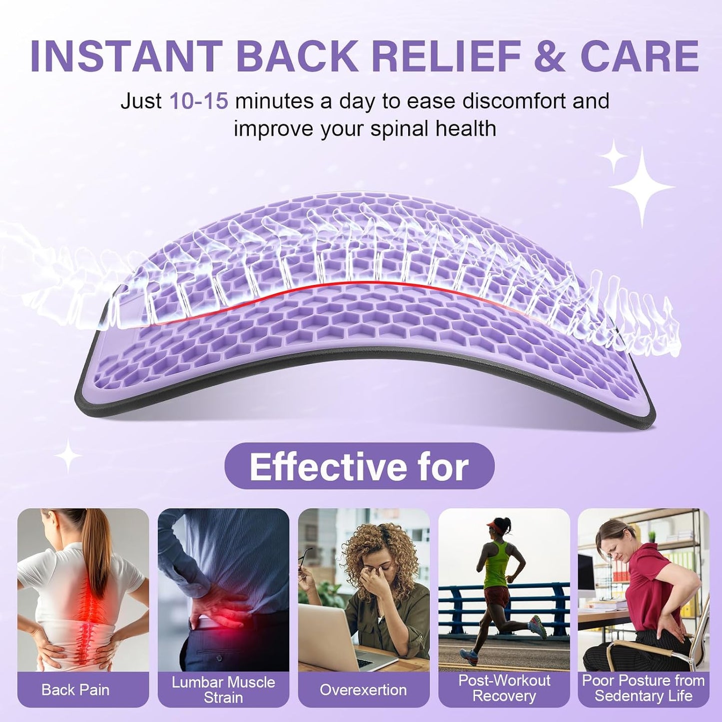 Back Stretcher for Lower Back Pain Relief | Wide Adjustable Honeycomb Lumbar Support Board | Soft Back Cracker Sciatica Pain Relief & Spinal Decompression | Portable Home Office Travel