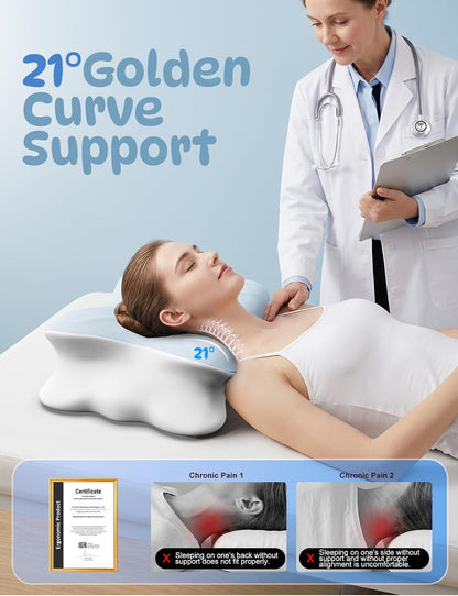 Cooling Cervical Neck Pillow for Pain Relief, Ergonomic Mellow Sleep Pillow for Neck Support | Adjustable | Memory Foam | Odorless Orthopedic Bed Pillow for Side Back Stomach Sleepers - Gift for Mom