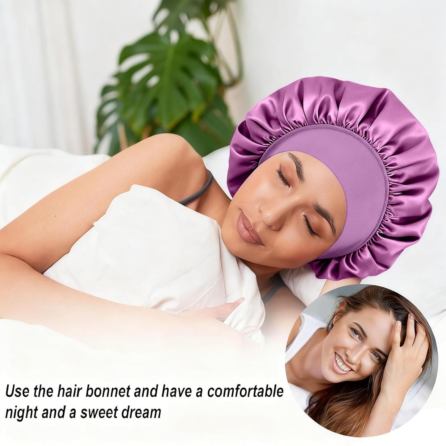 4Pcs Silk Satin Bonnets for Sleeping - Elastic Wide Band Wrap for Black Women Men,Silk Bonnets for Curly Hair,Large Hair Cap for Sleeping (Black+Wine Red+Purple+Brown)