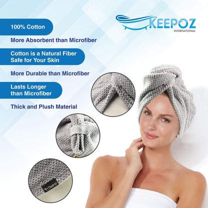 KEEPOZ 100% Cotton Hair Towel Wrap Quick Dry Super Absorbent Turban Head Wrap for Women with Button, Anti Frizz, Hair Cap for Curly, Long & Thick Hair (White, 1 Pc)