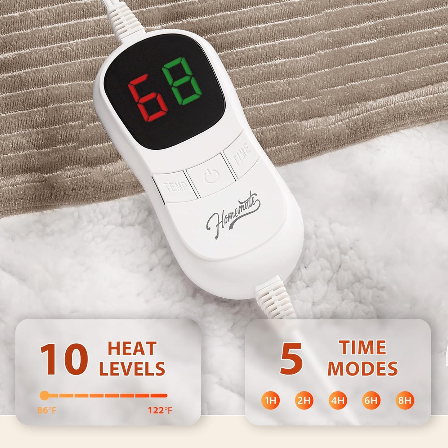 Homemate Heated Blanket Electric Throw - 50"x60" Heating Blanket Throw 1/2/4/6/8 Hours Auto-Off 10 Heat Levels Over-Heat Protection Soft Flannel Sherpa Heater ETL Certification