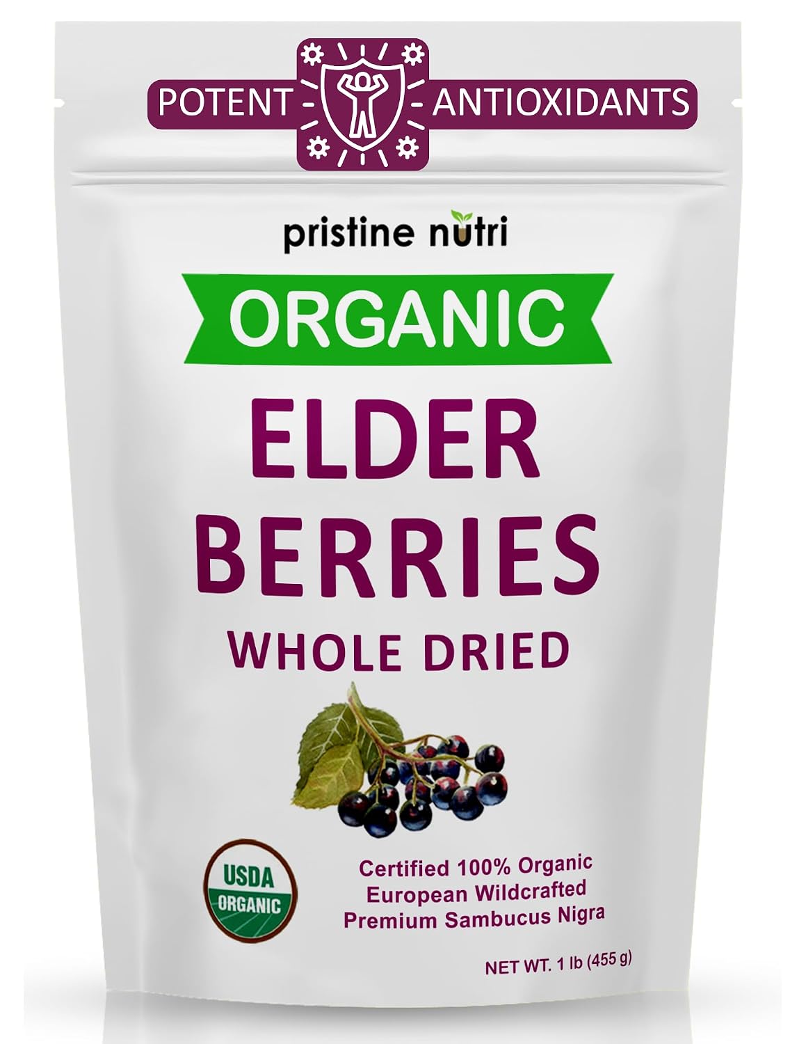 Organic Elderberries Dried Bulk | Whole European Elderberry Dried, Wildcrafted All Natural | Non-GMO, Non-irradiated | Immunity Booster Antioxidants and Vitamins | Make Syrup, Tea | 1 lb (16 oz)