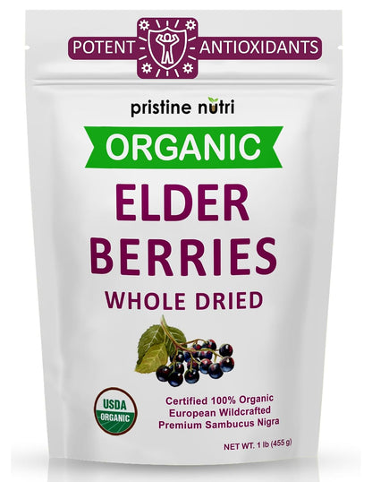 Organic Elderberries Dried Bulk | Whole European Elderberry Dried, Wildcrafted All Natural | Non-GMO, Non-irradiated | Immunity Booster Antioxidants and Vitamins | Make Syrup, Tea | 1 lb (16 oz)