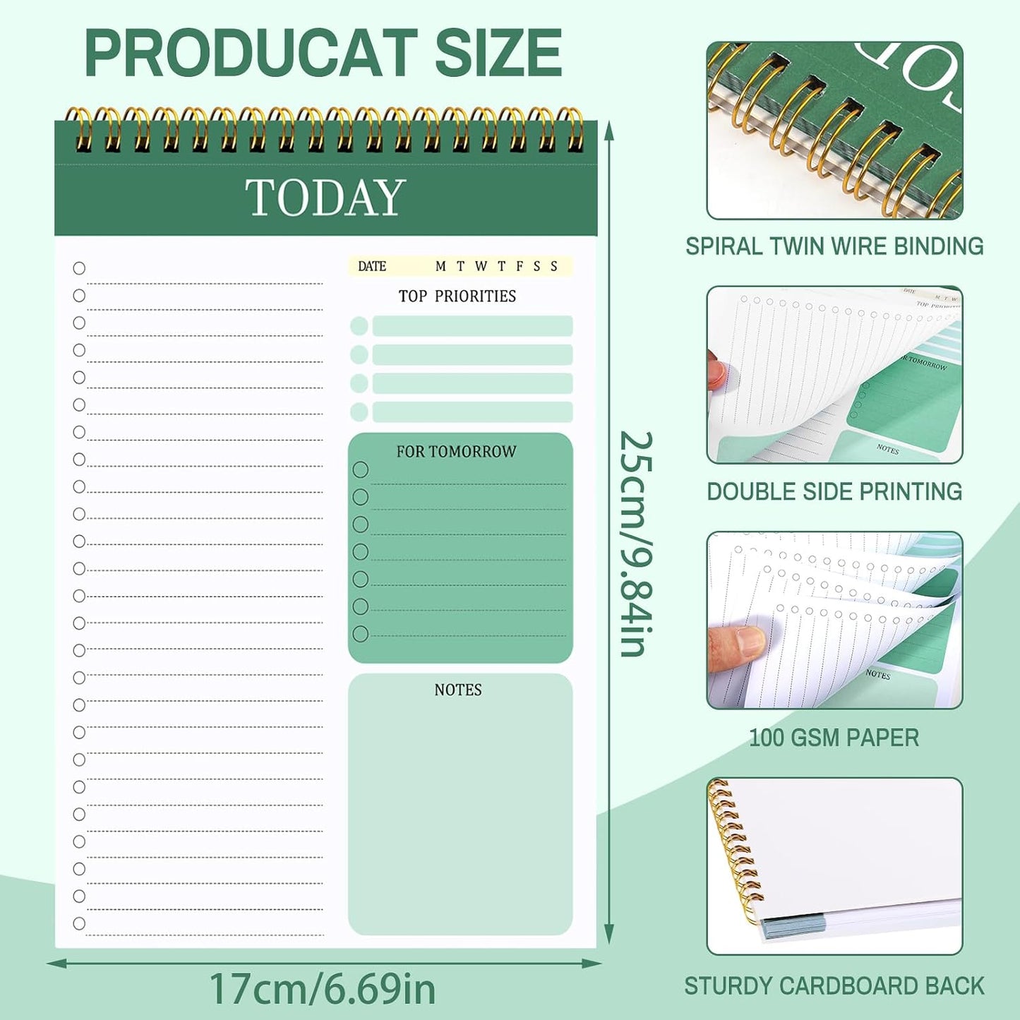 to Do List Notepad, Undated Daily Planner, 120 Pages, 6.7 x 9.8 in | 100 GSM FSC Paper, Plastic Cover, Spiral Bound, Tear-Off Pages, Task Checklist Layout For Home Office School Supplies