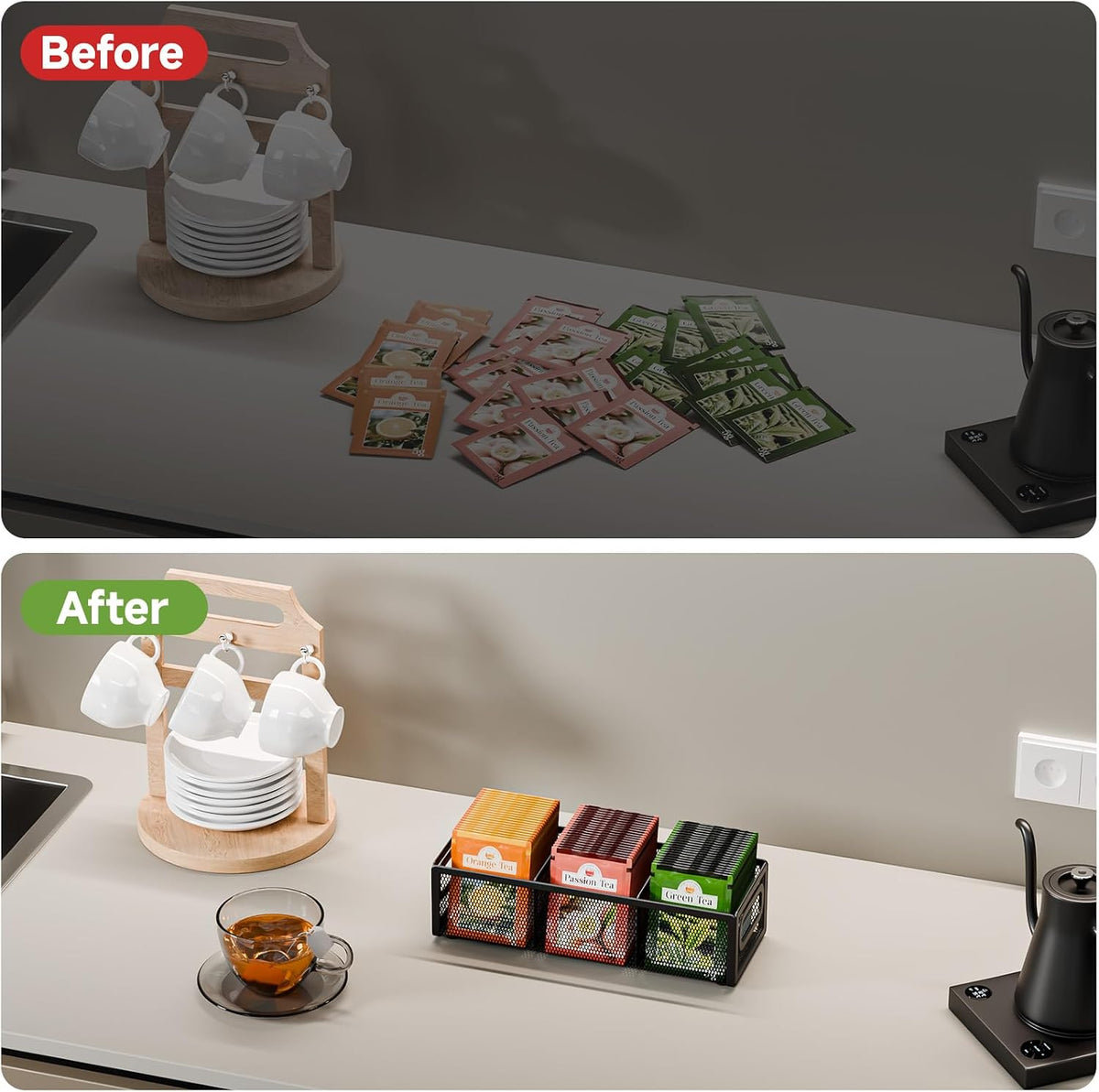 2 Tier Tea Bag Organizer, Mesh Tea Bag Holder with Handle, Teabag Holder, Tea Station Organizer for Countertop, Pantry, Kitchen, Cabinet -Black