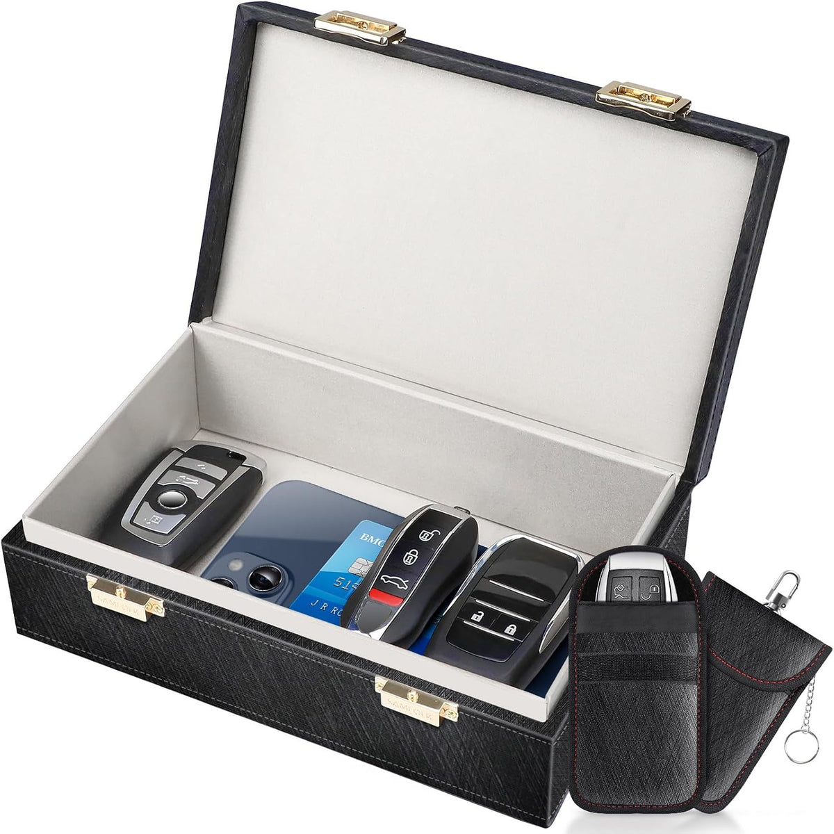 Samfolk Faraday Box & 2 Pack Faraday Bag, 8.42" x5.19" x 2.76" Faraday Key Fob Protector Cage, Signal Blocking Box Faraday Key Fob Protector Anti Theft for Car Keys Keyless Entry Car Key Protector
