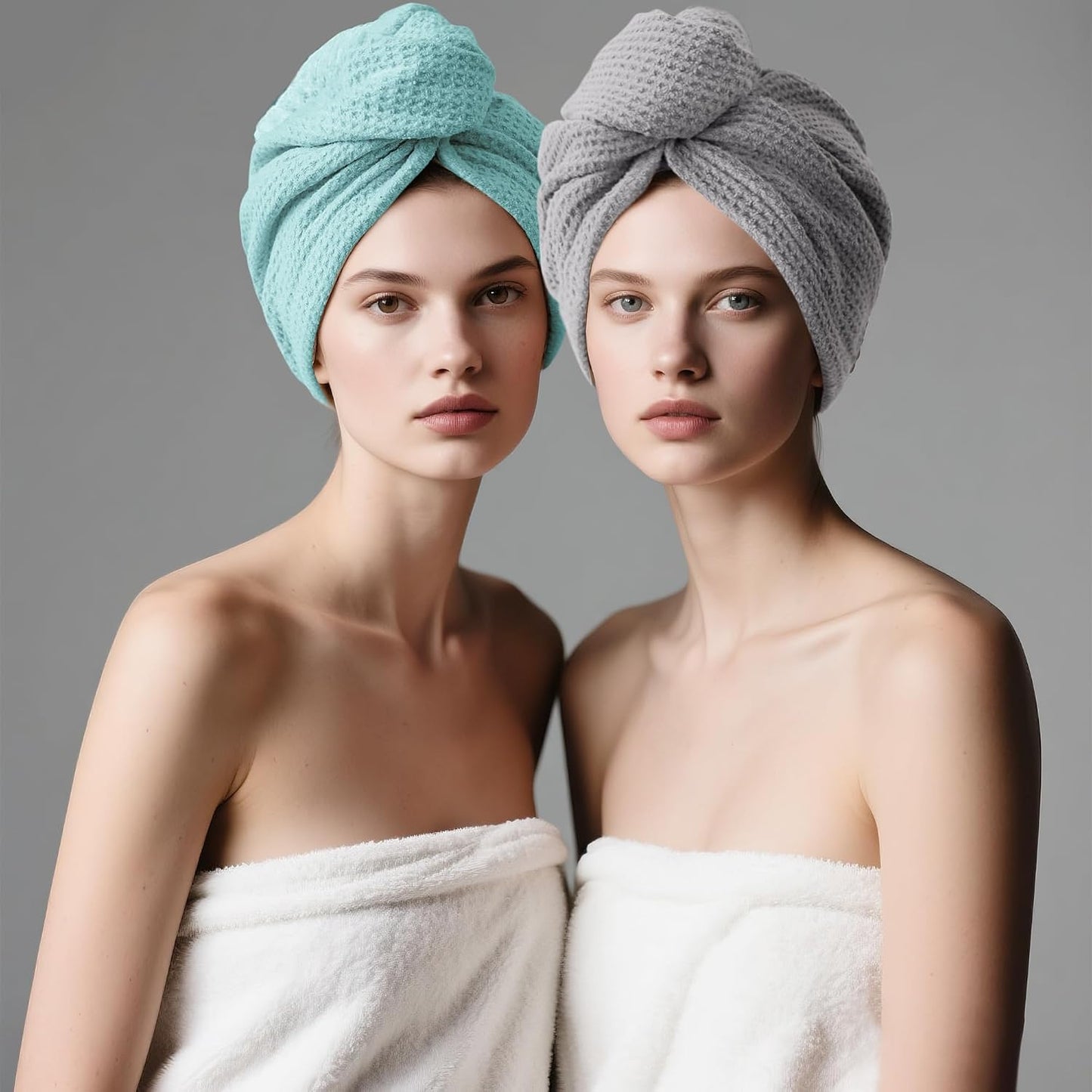 ROLSHOL 2 Pack Microfiber Hair Towel Wrap for Women, 32" x 11" Waffle Weave Hair Plopping Towel for Curly, Long & Thick Hair, Anti-Frizz Hair Turbans for Wet Hair (Pink, Grey)