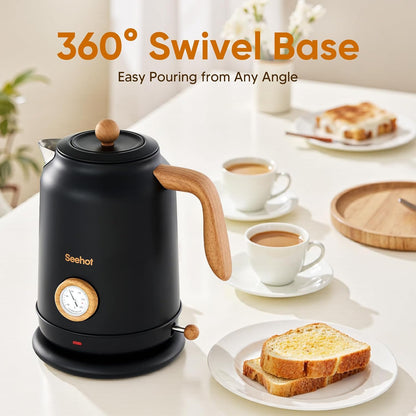 Seehot® Electric Kettle With Thermometer, 1.7L Electric Tea Kettle, 1200W Hot Water Kettle Electric, Auto Shutoff, Boil-Dry Protection, 304 Stainless Steel, Cordless Base, Black
