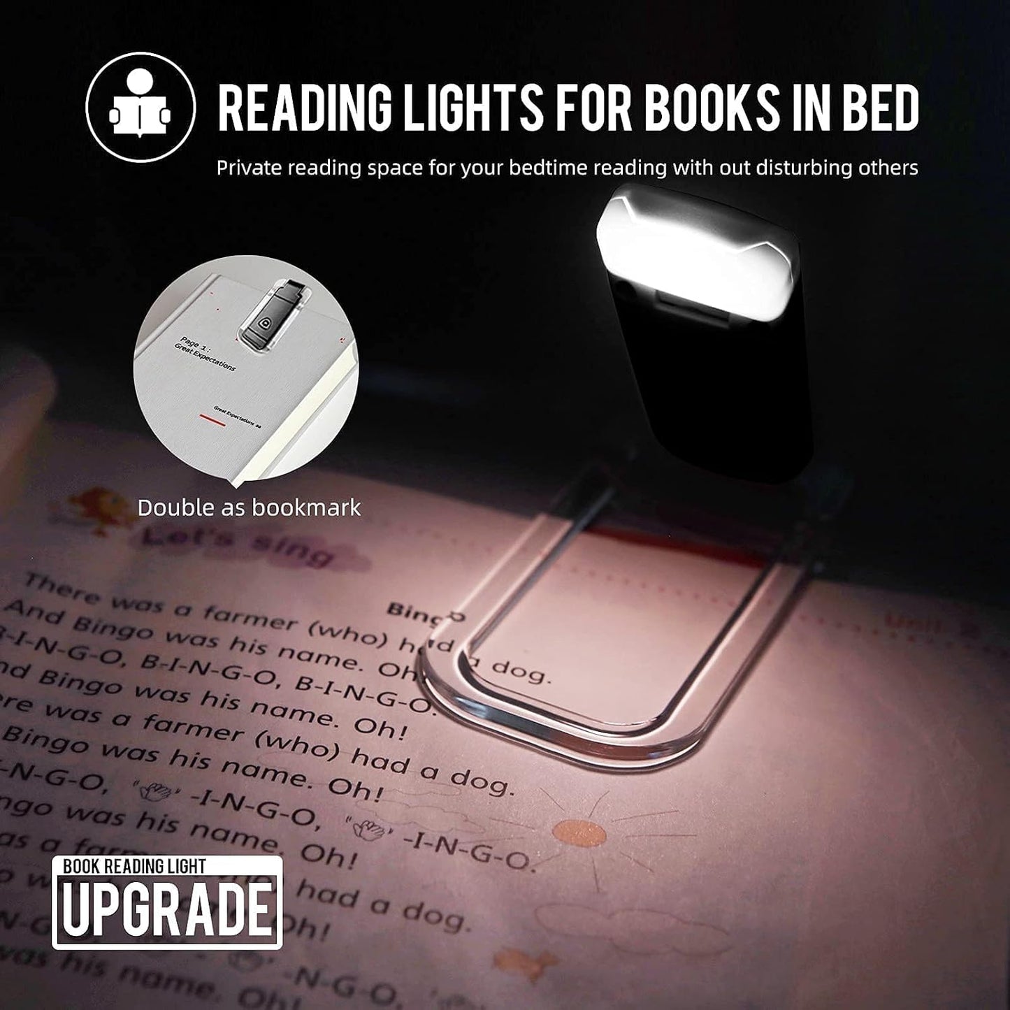 EGWASER Book Reading Light, Portable USB Rechargeable LED Clip on Book Lights for Reading in Bed, 3 Brightness Adjustable Dimmable Bookmark Light for Eye-Protection, Reading Lamp (White)