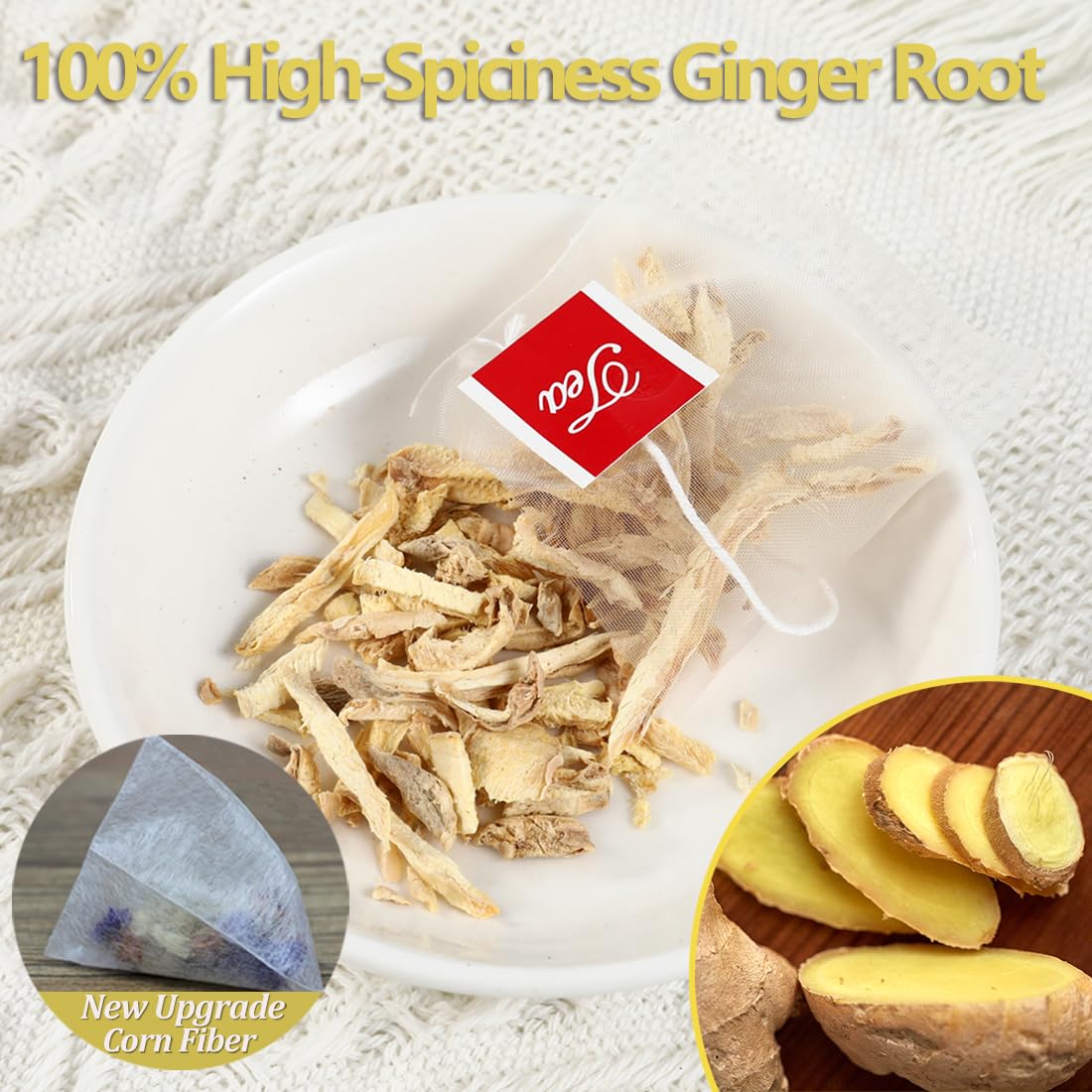 60 Premium Ginger Tea Bags, Made with 100% High-Spiciness Ginger Root, Full of Favor & Spicy, Support Digestion & Boost Immunity, No Additives & Caffeine Free.