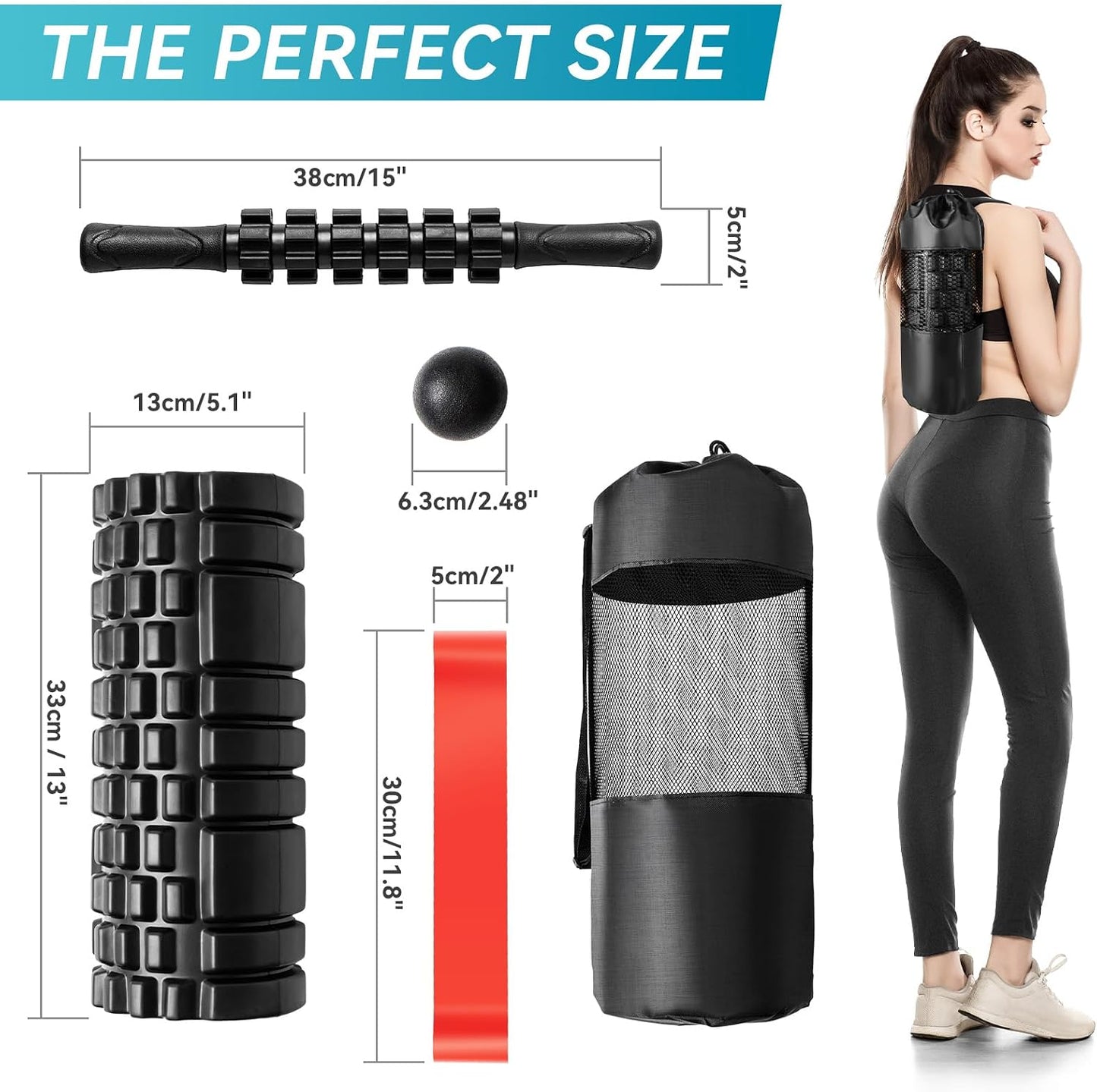 Krightlink 5 in 1 Foam Roller Set for Deep Tissue Muscle Massage, Trigger Point Fitness Exercise Foam Roller, Massage Roller, Massage Ball, Stretching Strap, for Whole Body (Orange Black)