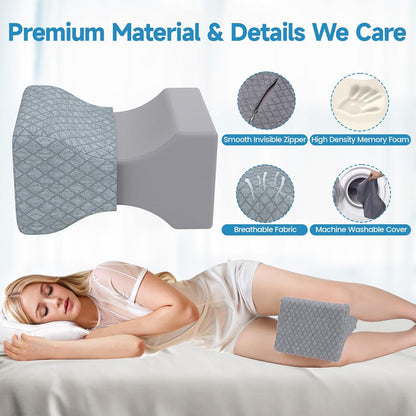 SweetSlubr Memory Foam Knee Pillow for Side Sleepers, Support Leg Pillow for Side Sleeping, Smooth Spine Alignment Pillow, Cushion for Hip, Back, Sciatica, Knee, Joints Pain Relief, White