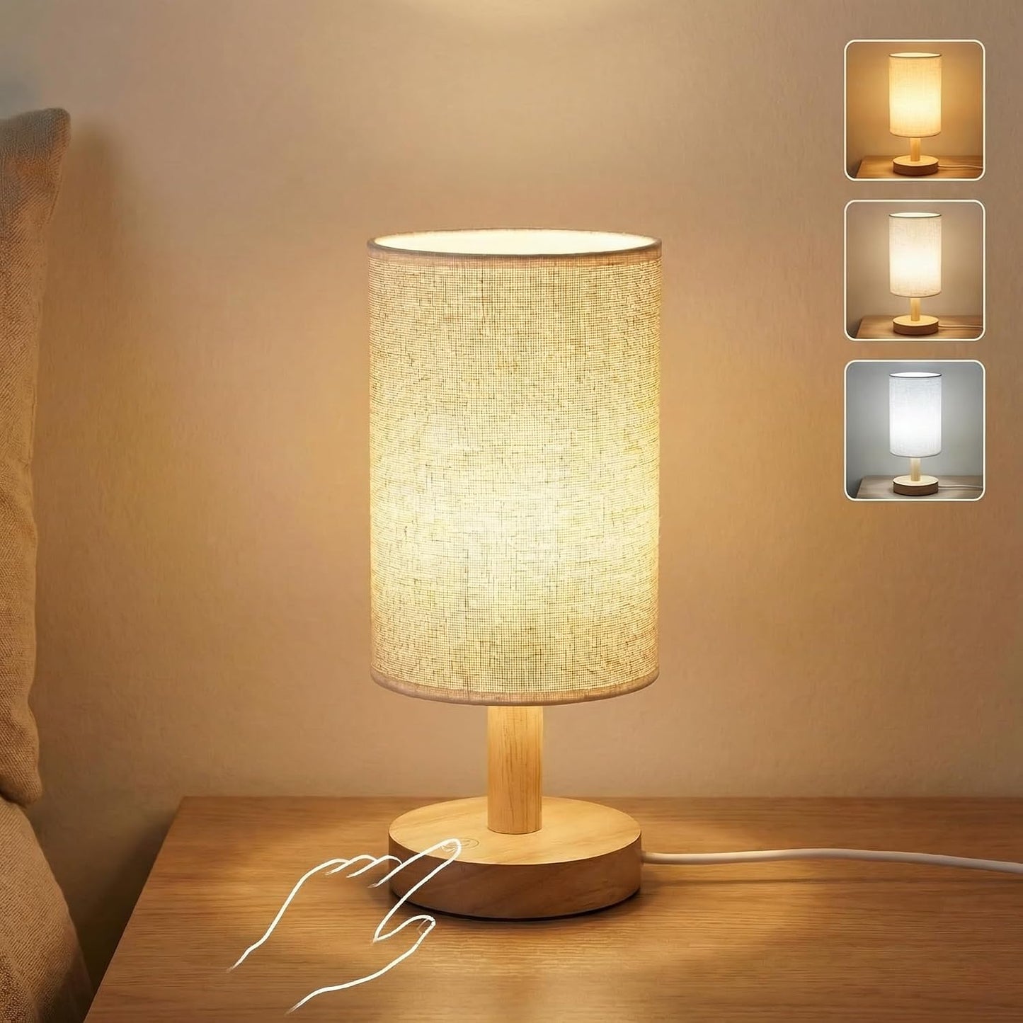 Touch Bedside Table Lamp - Stepless Dimming USB Powered, Minimalist Wood Base Linen Shade, 2700K Warm Light for Bedroom Nightstand Nursery Dorm Small Spaces, 5W LED 50K Hrs (No Bulb Replacement)