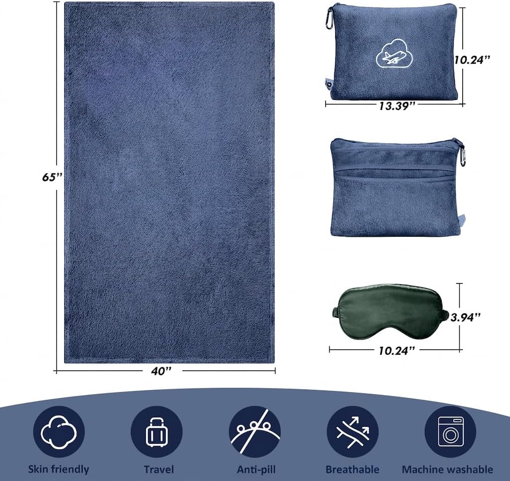 Travel Blanket Pillow,Airplane Blanket Compact with Bag Eye Mask, Ultra-Soft,Warm & Lightweight Included,Travel Essentials for Women & Men, Luggage Sleeve & Backpack Clip 65x40 in, Grey