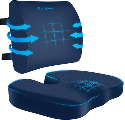 CushZone Ergonomic Seat Cushion & Lumbar Support Pillow - Memory Foam for Sciatica Pain Relief & Posture Correction, Non-Slip Chair Cushions for Office Chair/Car/Wheelchair/Travel (Black)