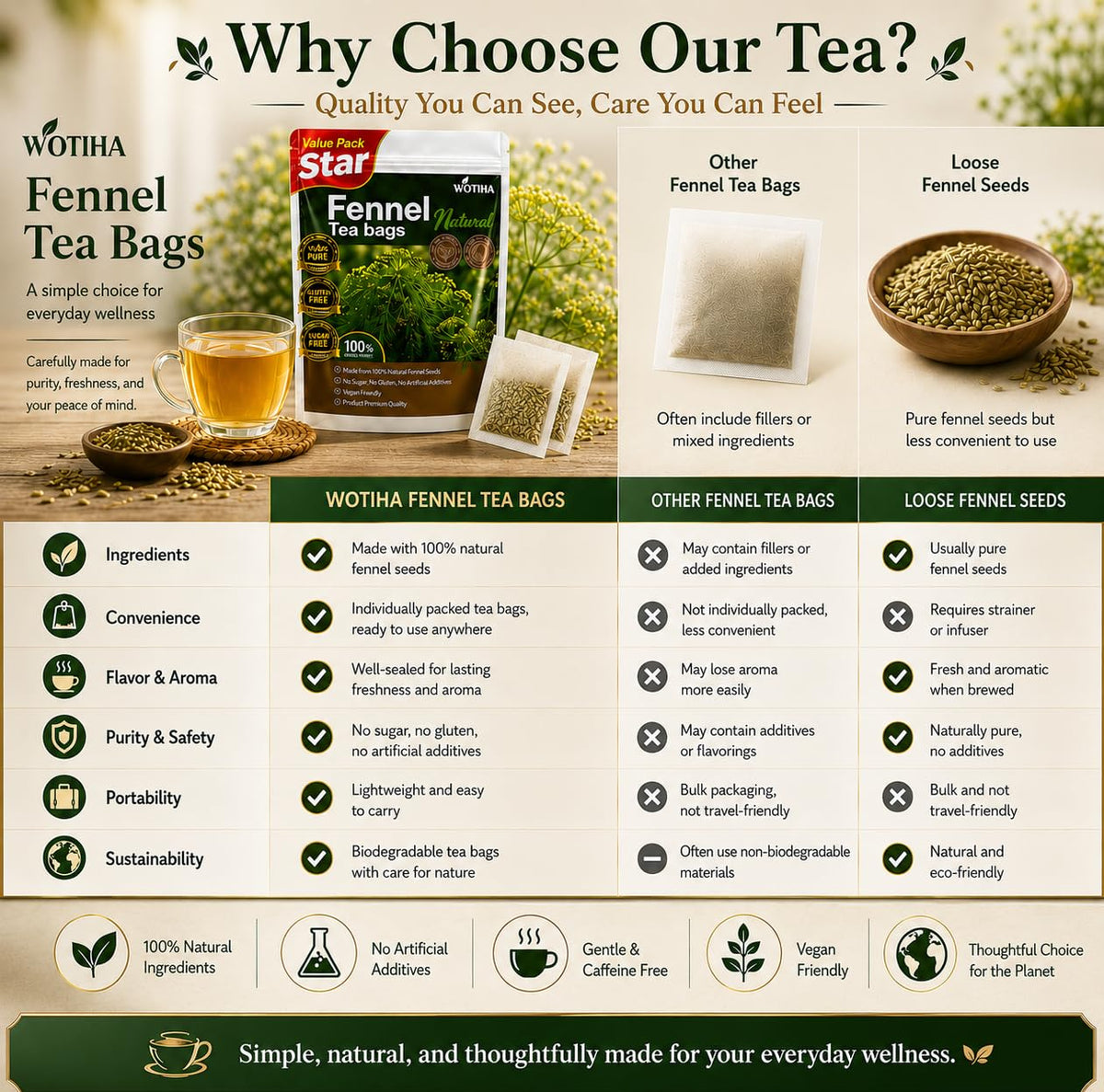 WOTIHA 90 Count Organic Premium Fennel Tea Bags - 100% Natural & Pure Herbal Tea, Supports Digestion & Reduces Bloating, Caffeine-Free, Sugar-Free, Gluten-Free, Vegan.Non-GMO