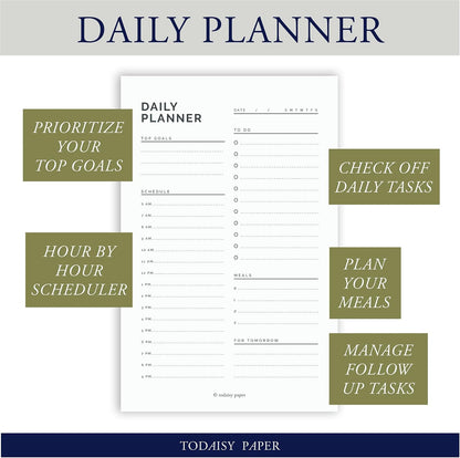 Daily Planner Notepad 5.5" x 8.5" To Do List with Hourly Schedule, Time Block Planning Pad, Desktop To Do List, 50 Sheets by Todaisy Paper