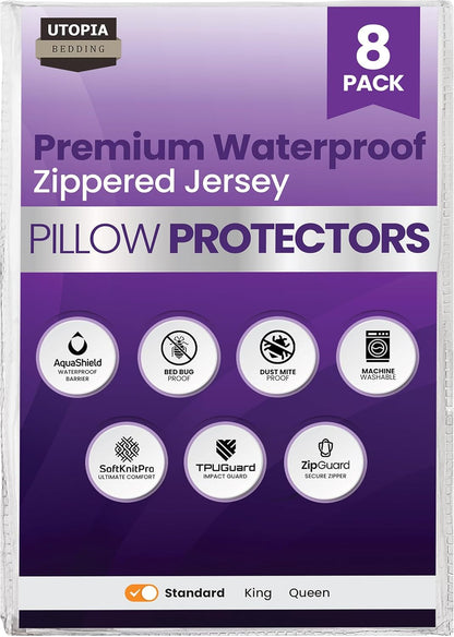 Set of 4 Pillow Protectors with Zipper Standard Size, Bed Bug and Dust Mite Proof Pillow Covers, Ultra Soft Pillow Encasements, Moisture Wicking and Waterproof Pillow Cases by Utopia Bedding (White)