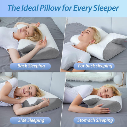 HOMCA Memory Foam Cervical Pillow, 2 in 1 Ergonomic Contour Orthopedic Pillow for Neck Pain, Contoured Support Pillows for Side Back Stomach Sleepers