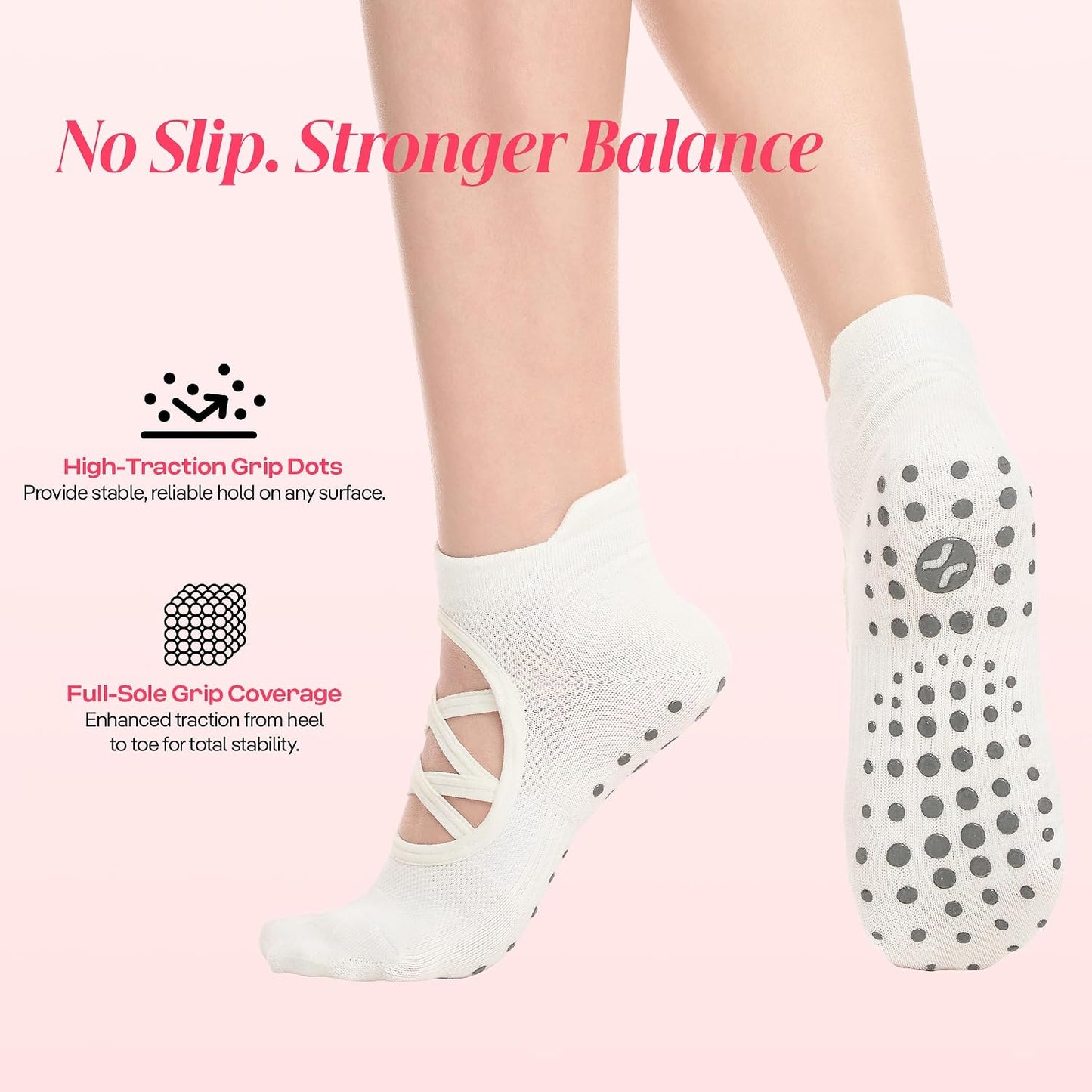 COOLMATE Pilates Socks with Grips for Women, Yoga Socks, Crew Non Slip Women for Barre, Pilates Gifts for Women - Colors B