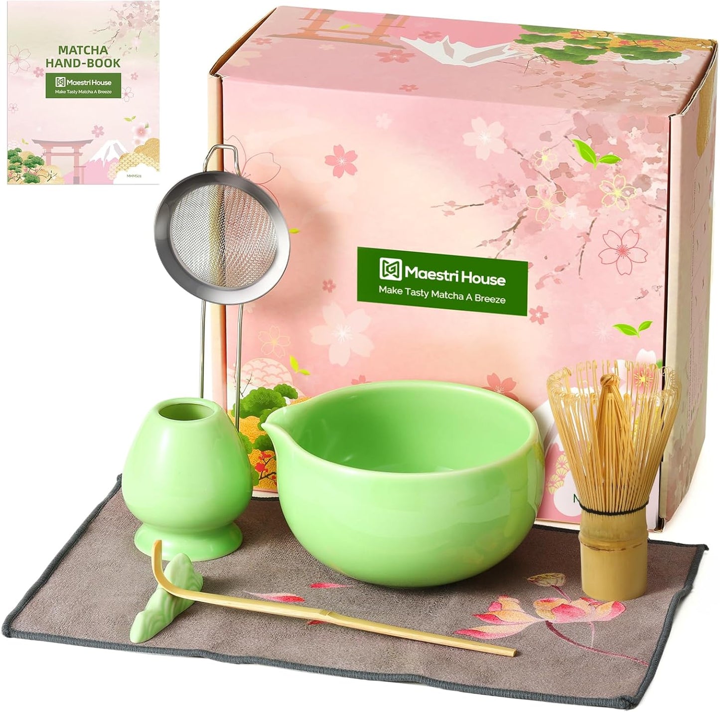 Maestri House Matcha Whisk Set, 7-Pc Complete Matcha Kit with Spouted Ceramic Bowl, Bamboo Whisk and Holder, Scoop, Spoon Rest & Sifter, Tea Cloth – Ideal Gift for Matcha Lovers (Black Stone)