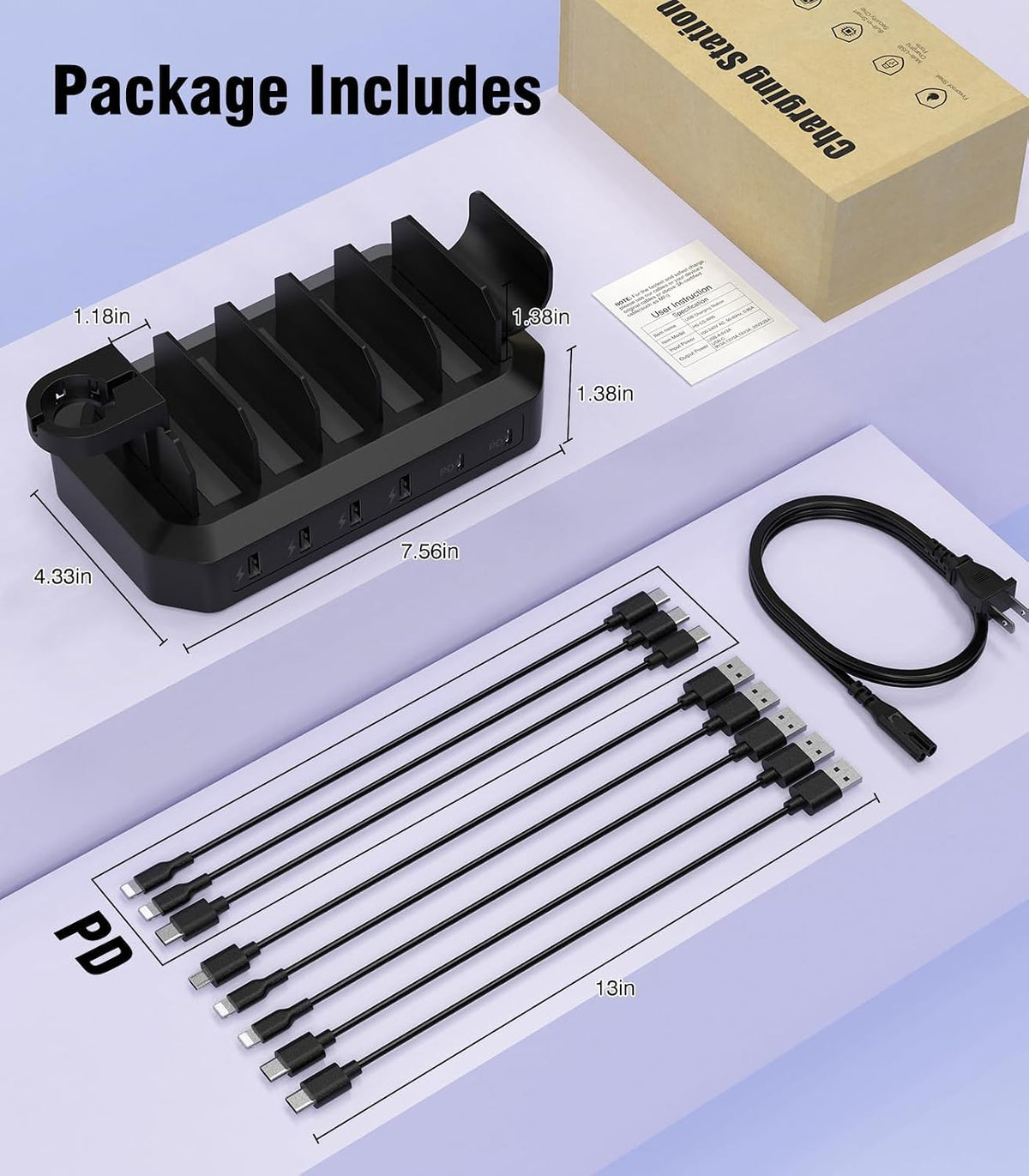 95W USB Charging Station for Multiple Devices 6-Port Charger Organizer Dock
