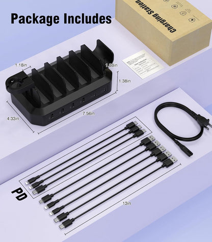 95W USB Charging Station for Multiple Devices 6-Port Charger Organizer Dock