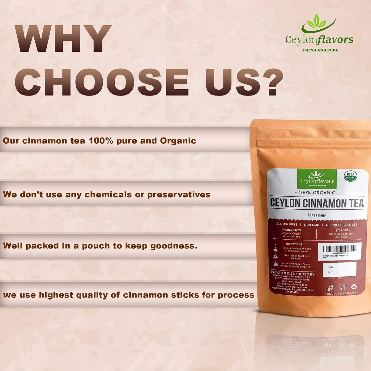 Ceylon Flavors Fresh and Pure Organic Ceylon Cinnamon, 30 Tea Bags, 100% Plant-Based Food-Grade Tea Bags, From Sri Lanka, USDA Certified Organic