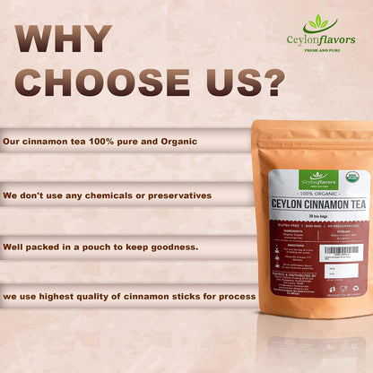 Ceylon Flavors Fresh and Pure Organic Ceylon Cinnamon, 30 Tea Bags, 100% Plant-Based Food-Grade Tea Bags, From Sri Lanka, USDA Certified Organic