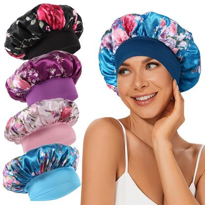 4Pcs Satin Bonnet Silk Bonnet, Hair Bonnet for Sleeping | Elastic Wide Band Silk Sleep Cap, Soft and Breathable, Black Red Purple Gold