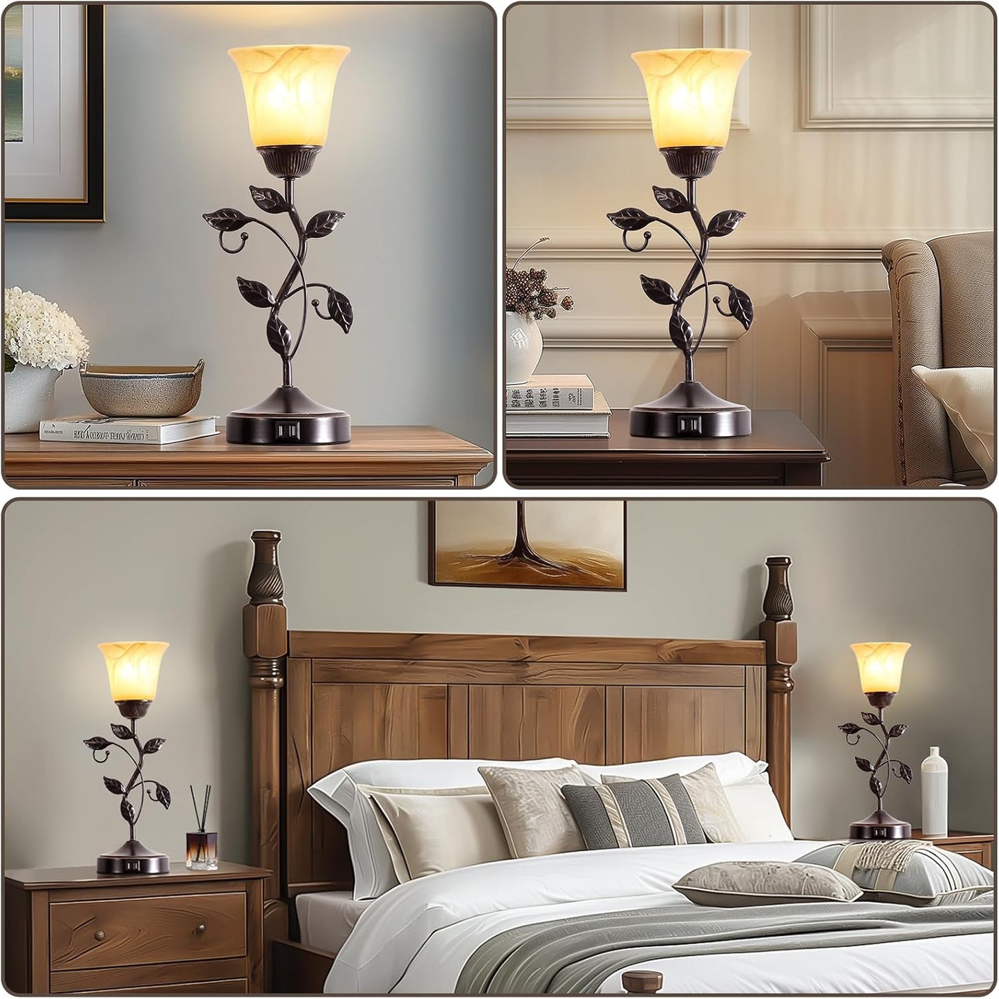 Touch Control Table Lamp with 2 USB Charging Ports, 3-Way Dimmable Bedside Nightstand Lamps, Amber Glass Shade Vintage Rural Leaf Lamp for Living Room, Bedroom, Dresser, LED Bulb Included (Bronze)