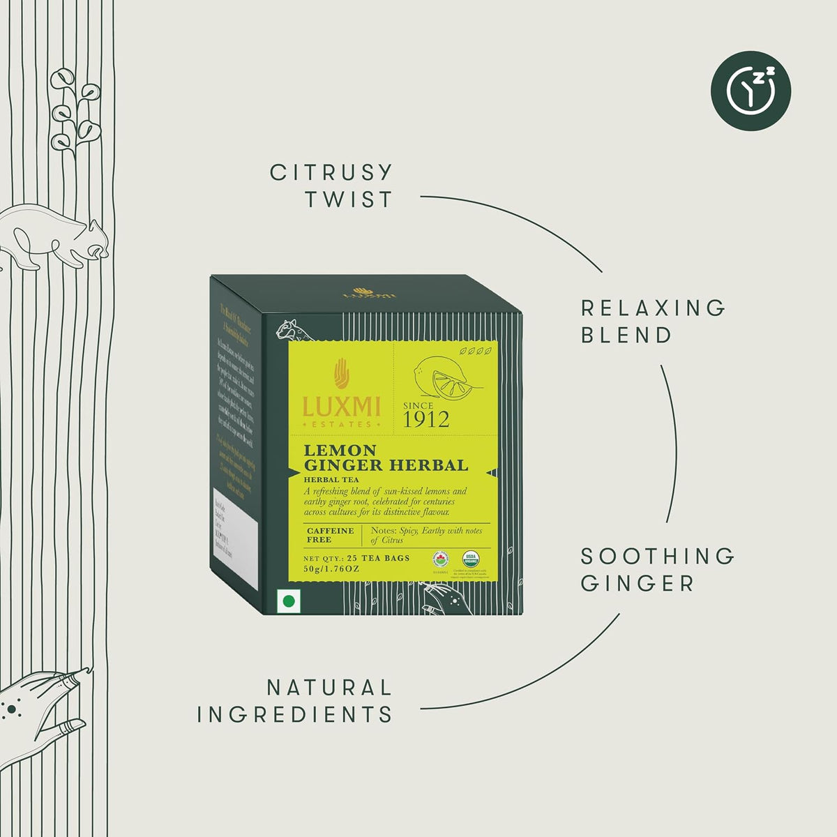 Luxmi Estates Lemon Ginger Herbal Tea, 25 Tea Bags (50g, 1.76oz) | USDA Organic Caffeine-Free Infusion with Lemon Peel, Ginger Root, Lemongrass & Licorice | Spicy Earthy Citrus Notes | Vegan & Non-GMO
