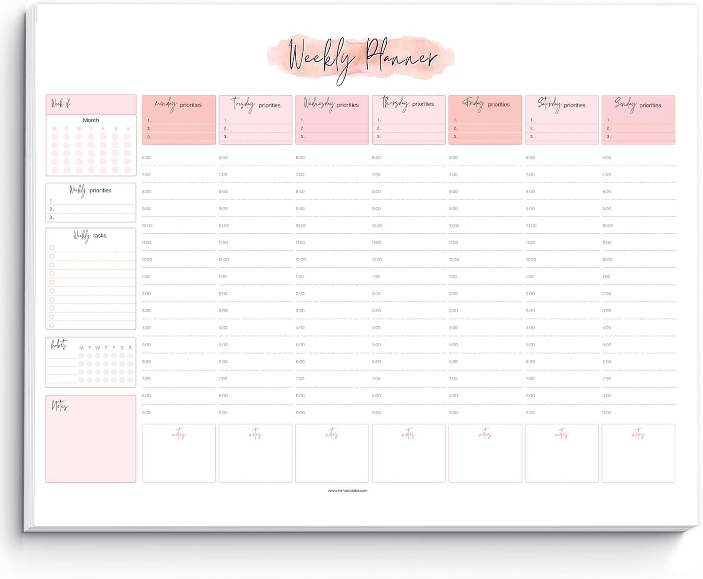 Weekly Hourly Planner Notepad, Daily Planner Desk Pad, Weekly Schedule, To Do List Note Pad, ADHD Planner | 50 Undated Tear Away Sheets | A4 (Rainbow)