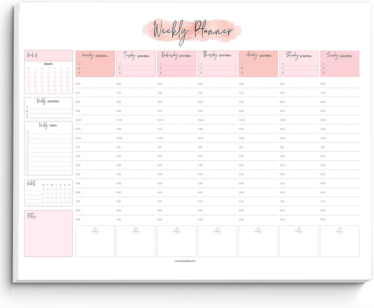 Weekly Hourly Planner Notepad, Daily Planner Desk Pad, Weekly Schedule, To Do List Note Pad, ADHD Planner | 50 Undated Tear Away Sheets | A4 (Rainbow)