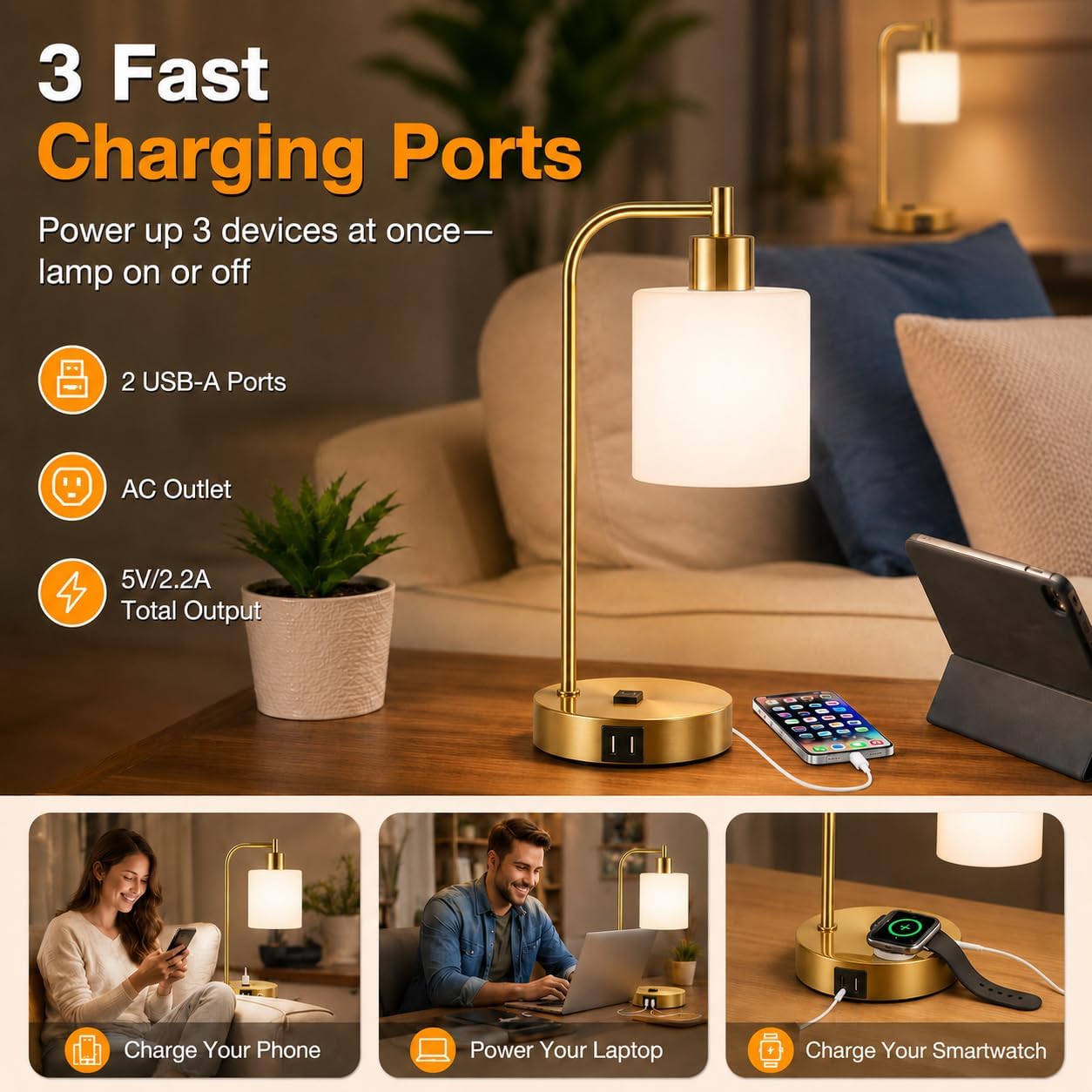 Set of 2 Industrial Touch Control Table Lamps with USB C+A Ports and AC Outlet - 3-Way Dimmable Black Bedside Lamps Nightstand Desk Lamps for Bedroom Living Room, Glass Shade & 2 LED Bulbs Included