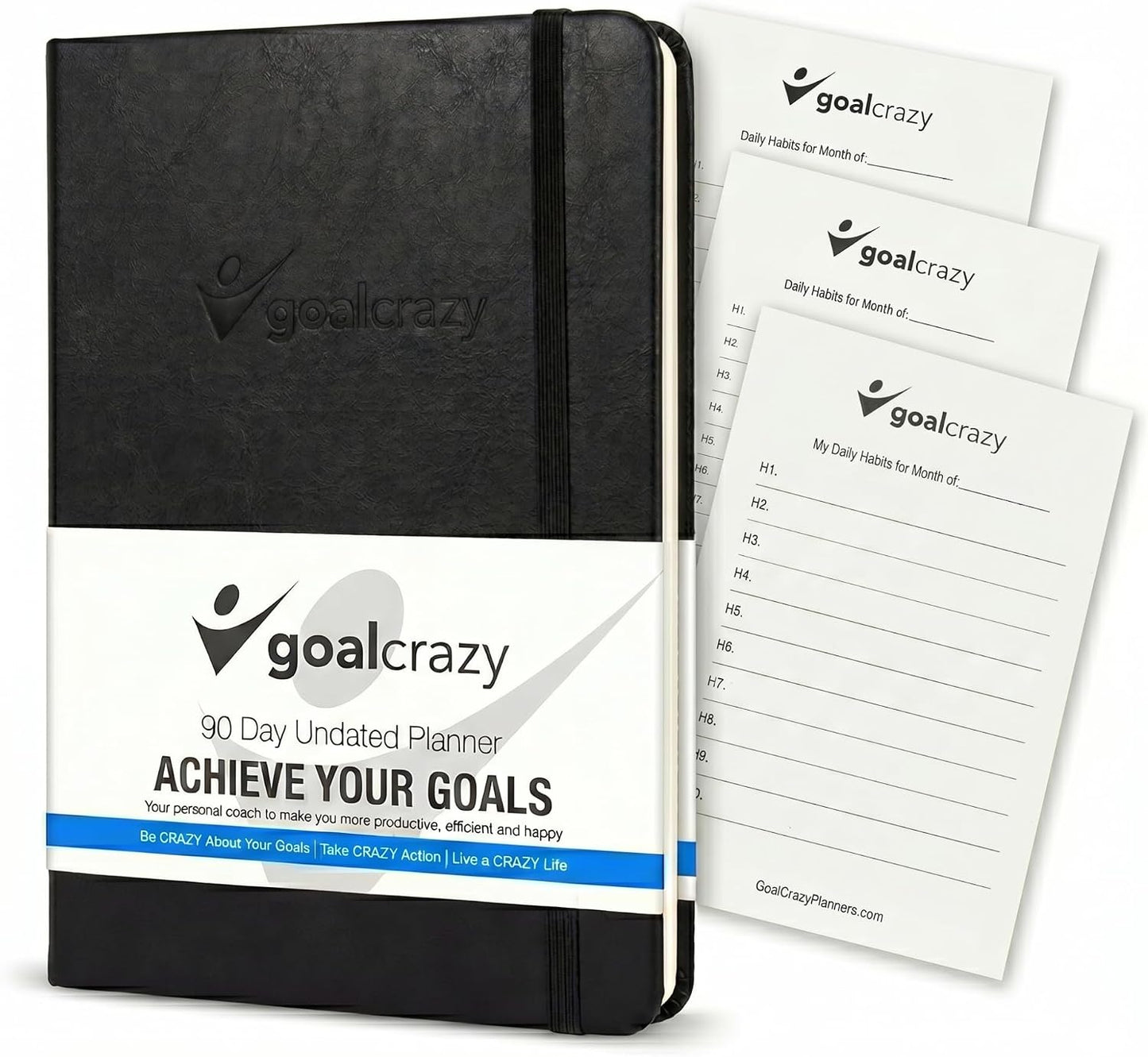 Goal Crazy Undated Planner – 90 Day Guided Journal & Productivity Organizer, A5 Daily & Weekly Planner with Goal Setting, Habit Tracker, To Do List, Academic & Work Calendar, Leather Hardcover - Black