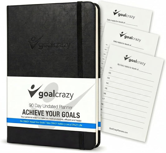 Goal Crazy Undated Planner – 90 Day Guided Journal & Productivity Organizer, A5 Daily & Weekly Planner with Goal Setting, Habit Tracker, To Do List, Academic & Work Calendar, Leather Hardcover - Black