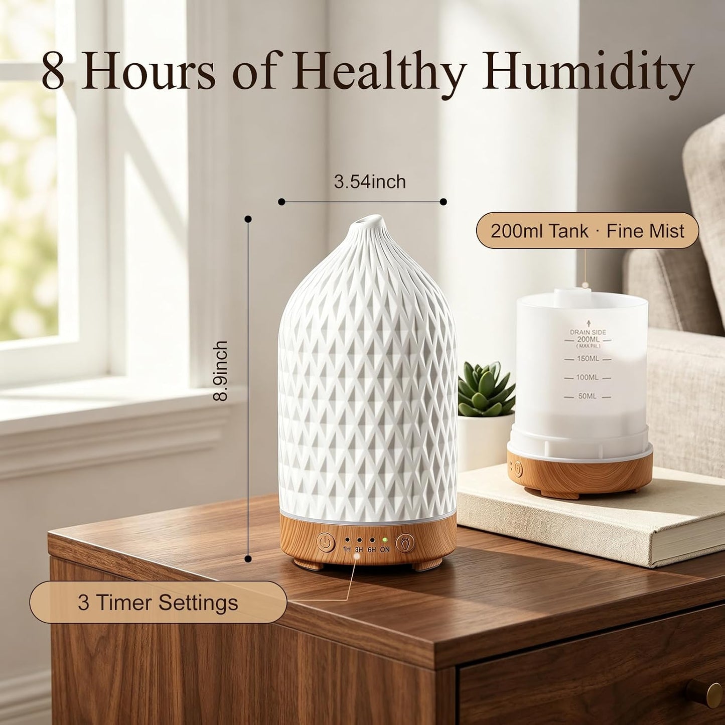 Gooamp 200ML Ceramic Essential Oil Diffuser for Home - Ultrasonic Aromatherapy Diffuser Humidifier with 7 Color LED Lights, Auto Shut-Off, 3 Timers for Bedroom, Office, Yoga, Black