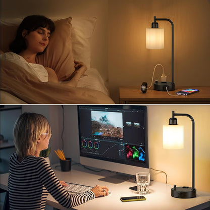 Industrial Table Lamps for Bedrooms Set of 2 - Fully Dimmable Bedside Lamps with USB A and C Ports and Outlet, Black Nightstand Lamps with Glass Shade for Living Room, Desk Lamps for Office Reading