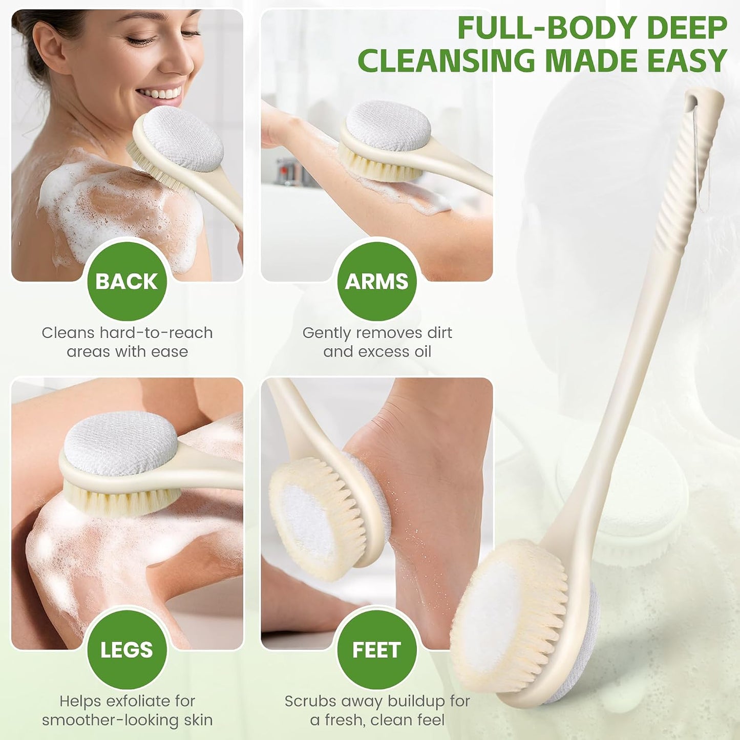 Back Scrubber for Shower, 15.7" Loofah with Handle, Back Shower Brush with Bristles and Loofah, Dry Brushing Body Brush for Cleanse Back and Hard to Reach Areas with Curved Long Handle