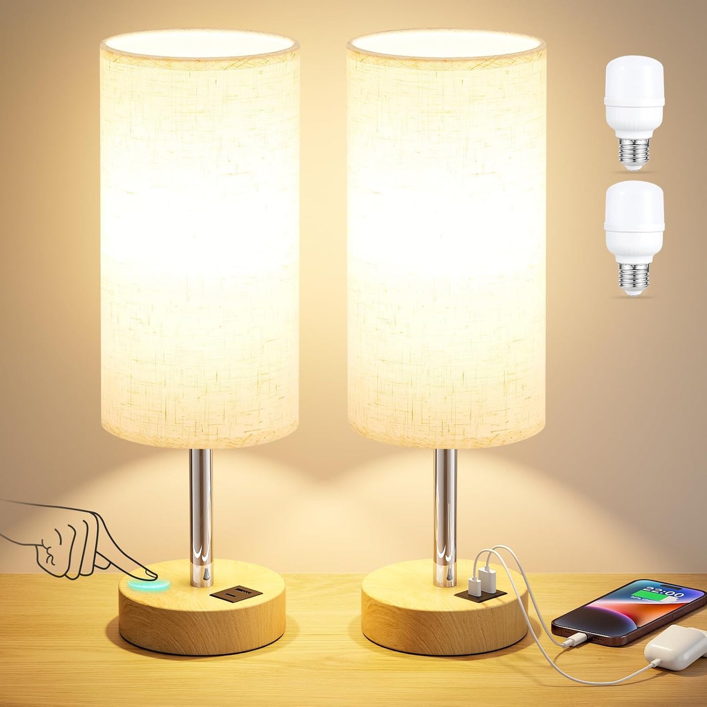 Dicoool Touch Bedside Table Lamp with USB - 3 Way Dimmable Wood Lamp for Bedroom Nightstand, Desk Lamp with Charging Station for Dorm, Living Room, Office, Kids Room, Small, 14in