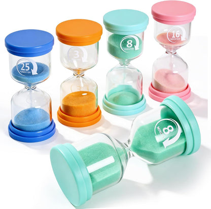 PROLOSO 6 Pcs Colorful Sand Timers Set Platic Sandglass Hourglass Sand Clock Timer 30sec/ 1min/ 2mins/ 3 Minutes/ 5 Minute/ 10mins for Kids Games Classroom Home Office Kitchen