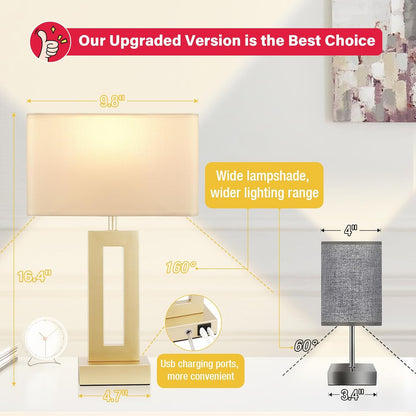 Gold Table Lamps Set of 2, 16.4" Bedside Lamps for Nightstand with USB C+A