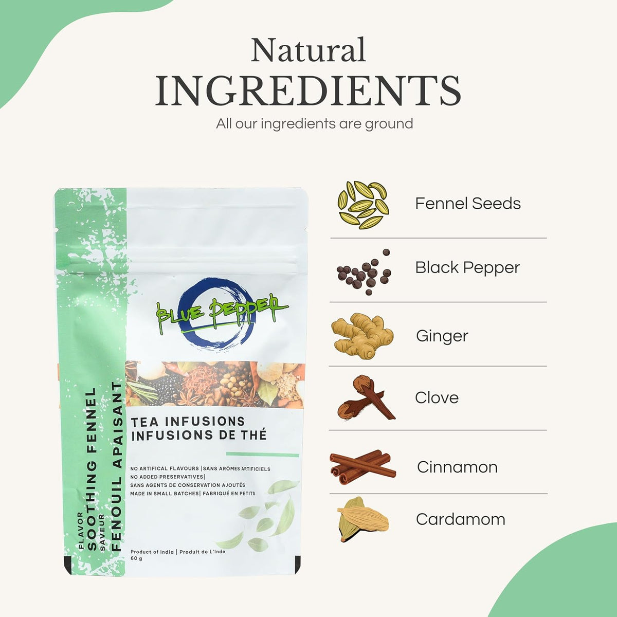 Blue Pepper Soothing Fennel Herbal Tea Blend - Natural Tea Infusion, Made in Small Batches, No Artificial Flavors or Preservatives, 60g - Caffeine Free
