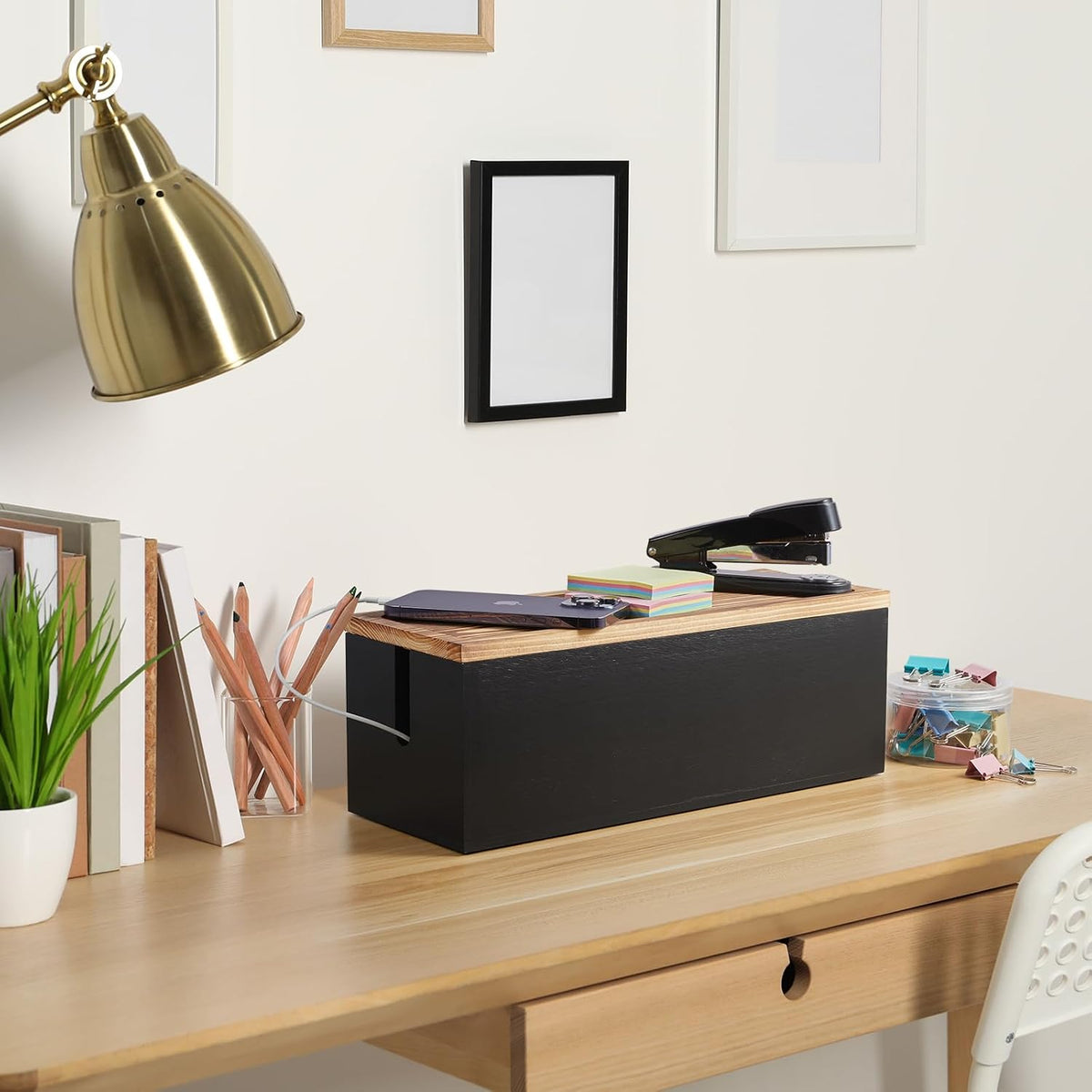 Bivvclaz Large Cable Management Box, Wooden Cord Organizer Box for Desk, Floor, Office to Hide Extension Cords Power Stripes Surge Protectors Chargers Wires, White