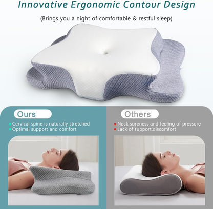 CHxxy Cervical Neck Pillow for Pain Relief Sleeping, Memory Foam Pillows, Ergonomic Side Sleeper Pillows, Cooling Orthopedic Neck Support Pillow for Back Stomach Sleepers-Queen Size Grey&Grey