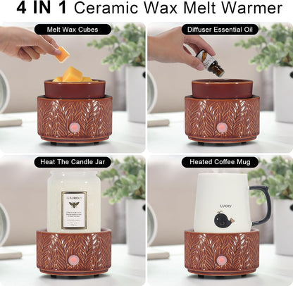 Ceramic Wax Melt Warmer, Fragrance Wax Warmer 4-in-1 Electric Candle Wax Melter and Wax Cubes for Home Office Bedroom Aromatherapy Essential Oil Burner is Birthday Gifts for Women Mom Girl(Dark Brown)